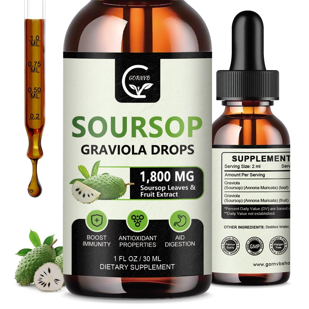 (2 ambalaj) Soursop Graviola lichid picături 1800mg, 98% absorbţie Soursop Bitters lichid pentru suport Cell & Regenerare, Immune Boost, Relaxa, Ficat şi somn, Herbal Goodness, Gluten gratuit, 1 Fl Oz