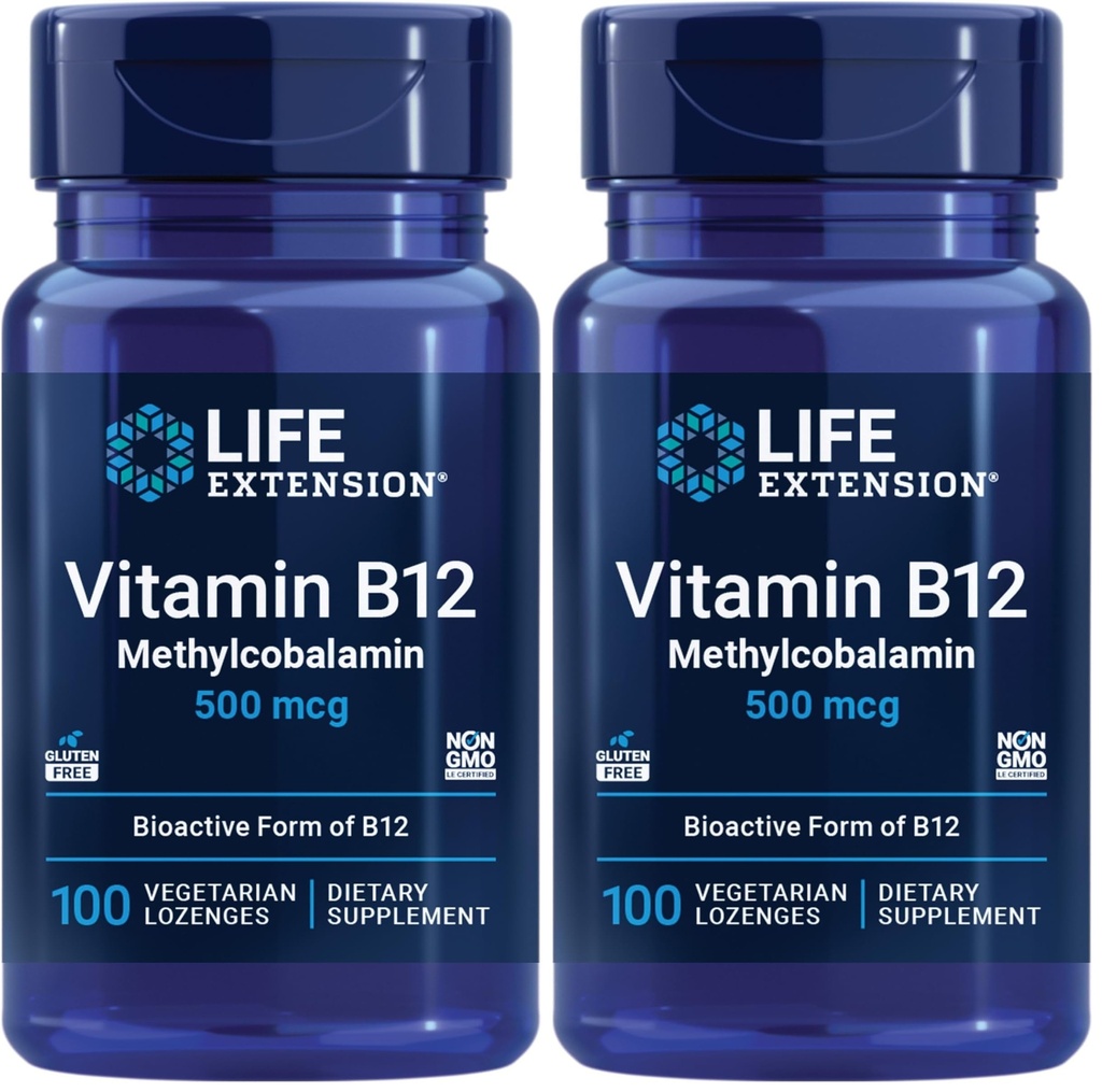 Extensie de viață Vitamina B12 Methylcobalamină 500mcg - Vitamina B12 Suplimentul pentru energie generală și sănătate cerebrală - Sugar Free Vegetarian Lozenges dizolva în gura ta - o dată pe zi - 100 Conte