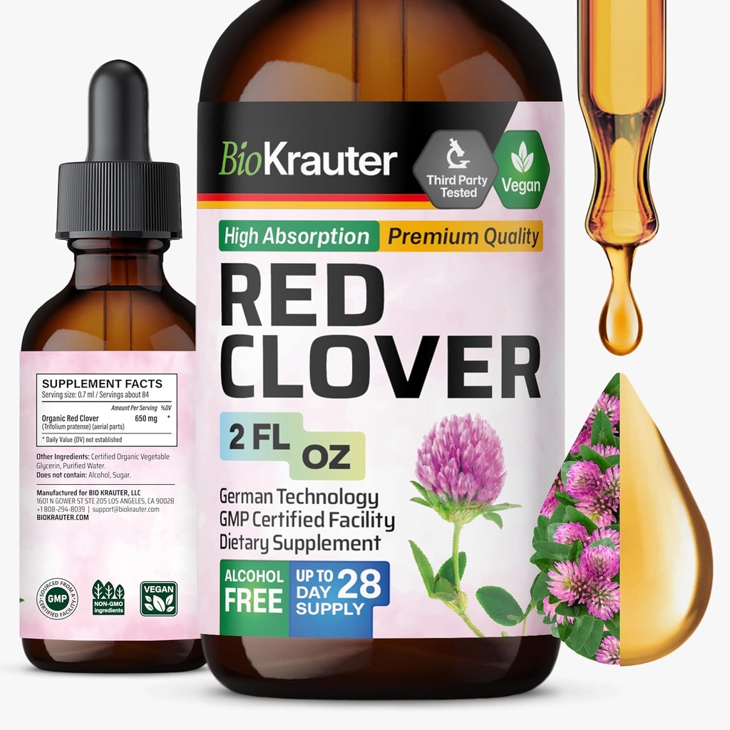 BIO KRAUTER Red Clover Tincture - Red Clover Extract - lichid suplimentar pentru femei de sprijin - Alcool și zahăr gratuit - picături Vegan 2 Fl.Oz.