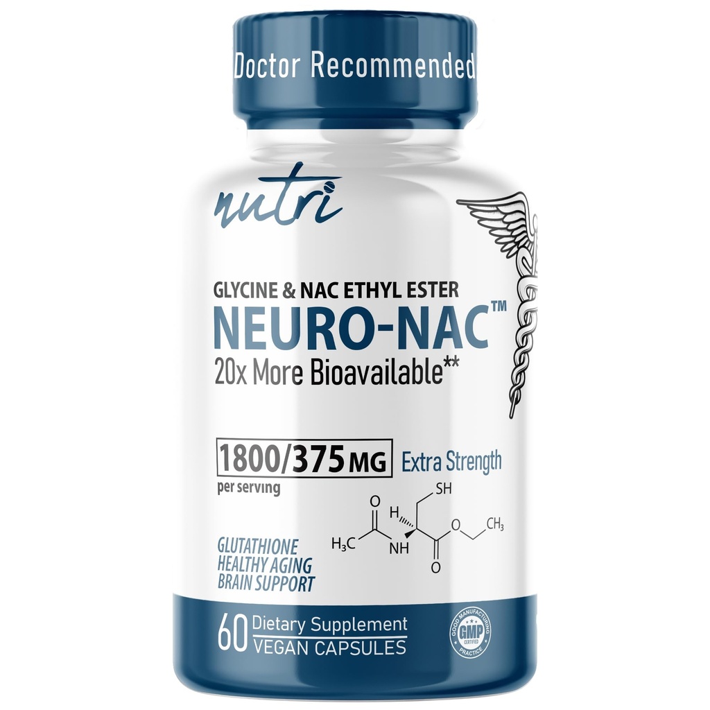 Nutri Neuro NAC Supliment 375mg Extra Putere cu 1800mg Glicină - N-Acetyl Cysteine Etil Ester - 20x Mai mult Biodisponibil - Boost Glutatione 10x Mai mult - 90 capsule Vegan - 3rd Party Testat