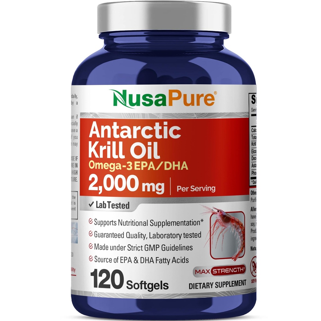 NusaPure Antarctic Krill Oil 2000 mg 120 Softgels, Omega-3 EPA 360mg, DHA 240mg, Soyfree Astaxanthin Supliment Sursat de Krill 800ppm