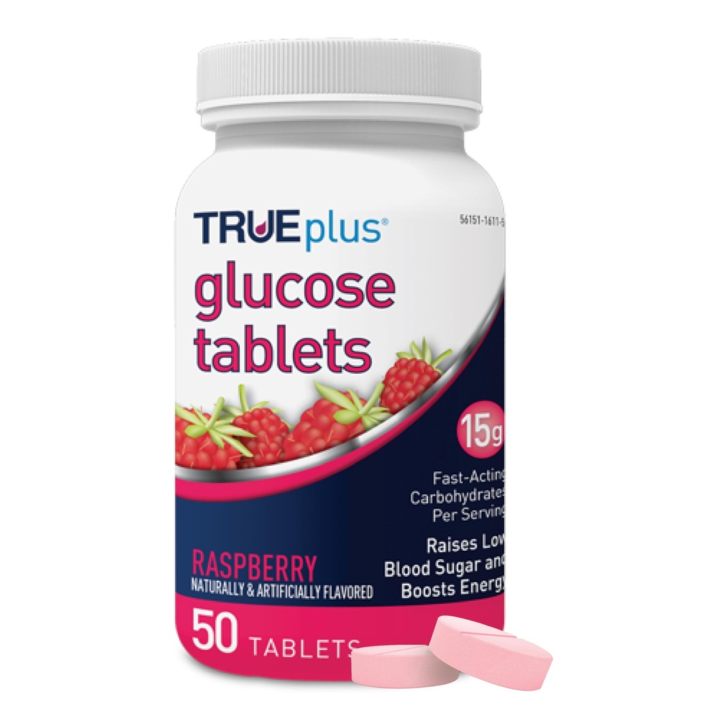 Comprimate de glucoză TRUEplus®, aromă de zmeură - 50ct