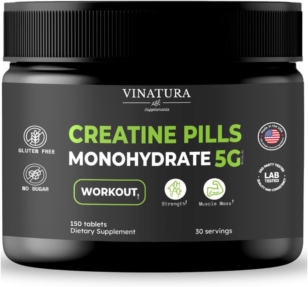 VINATURA Creatina Monohidrat pastile 5g - creatina tablete, creatina pastile pentru barbati, Femei, creatina en capsulas * USA Made & Testat * Cu aromă, creatină monohidrat Pulbere alta, 150 comprimate 30 Serviri