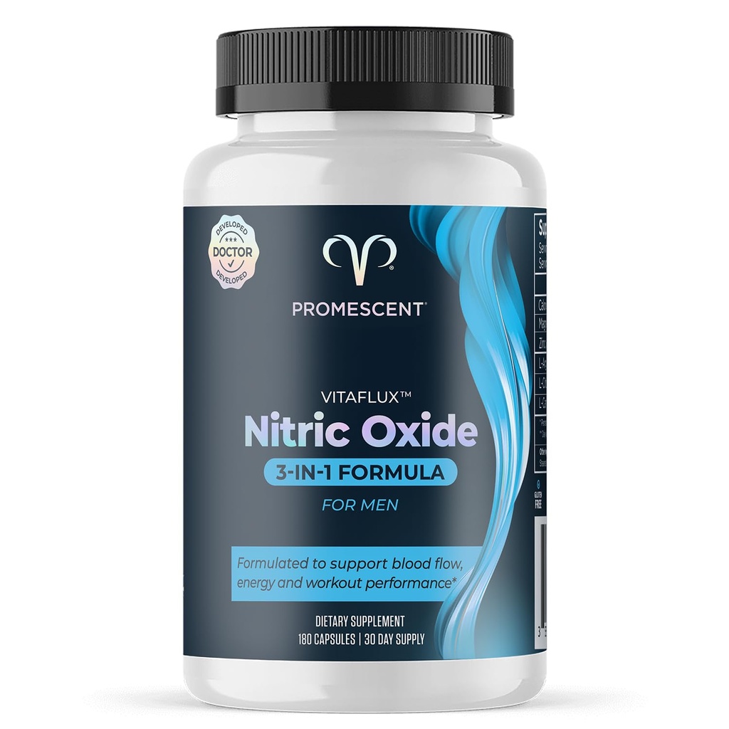 Promescent VitaFLUX Oxid de azot Supliment, L Arginine l Calitate Suplimente citrulină pentru bărbaţi, Suporturi flux sanguin sănătos, Oxid de azot Booster Arginina Supliment, 180 Capsule