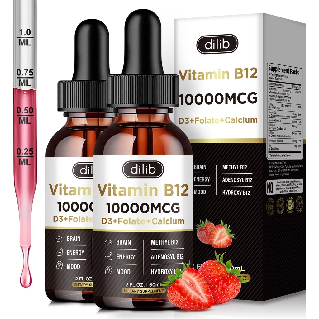 Vitamina B12 Picături lichide Sublingual 10000 mcg, Triple B-12 Supliment complex, Methyl & Methylcobalamin Blend pentru femei & Men, Mood & Energy Booster, Metabolizare & Health Support, 2 Pack