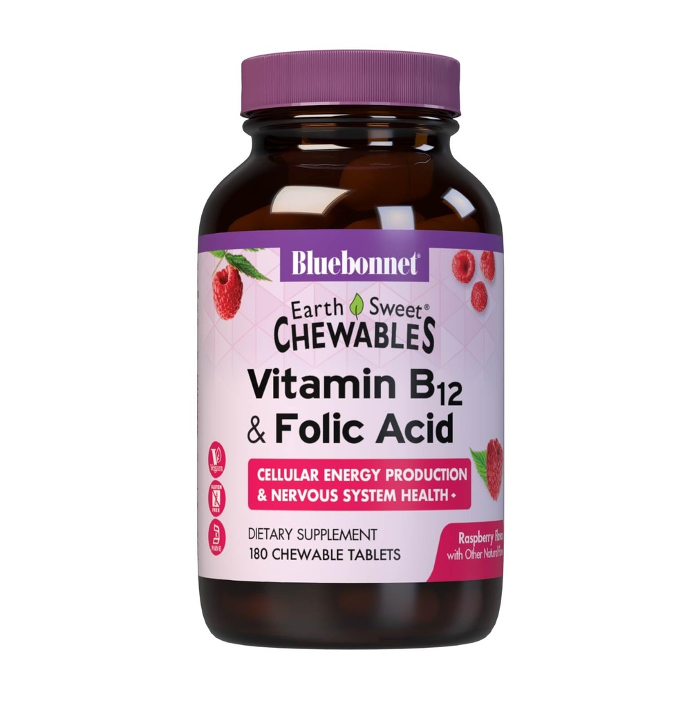 Bluebonnet Nutrition Earth Sweet Vitamina B12 1000 mcg & Acid folic 400mcg Brain Health & Energy* Vitamine pentru femei si barbati - Vegan, Gluten-Free Raspberry B 12 Vitamina - 180 Tablete masticabile