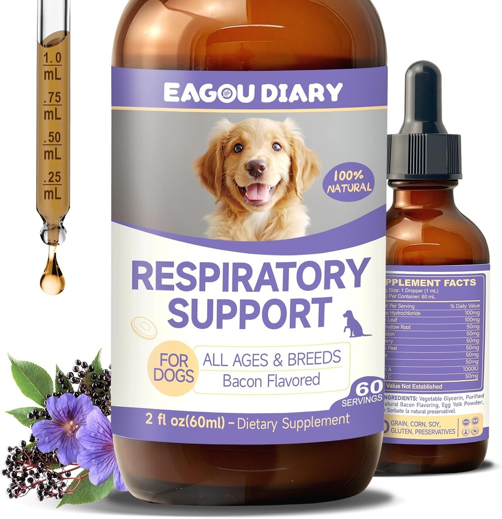 EagouDiary Dog Tuse Tratamentul,Liquid Kennel Tuse Tratamentul cu Lysine, Mullein, Vitamine, Suplimentul natural pentru Canin Respirator, Strănut, Uscat, Ud & Barky Relief (60ml/2 Fl Oz)