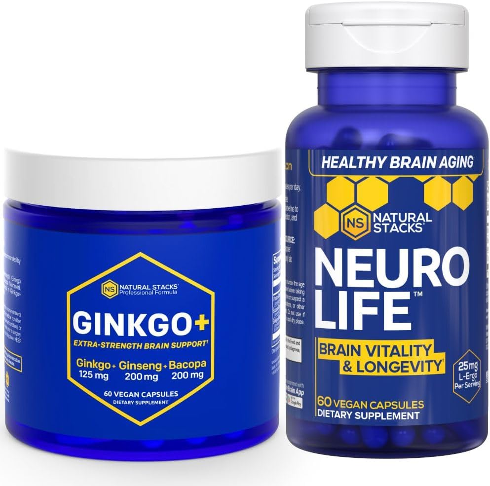 Natural STACKS Ginkgo Biloba + NeuroLife Supplement Bundle - Suportă Performanță mentală și longevitatea creierului * - 120 Capsule totale