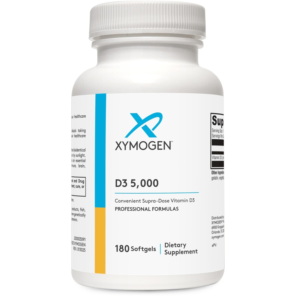 XYMOGEN D3 5000 - Vitamină biodisponibilă D3 5000 UI (125 mcg) - Supliment de vitamina D de înaltă potenţă pentru a sprijini sănătatea imună, sănătatea osoasă + cardiacă (180 Softgels)