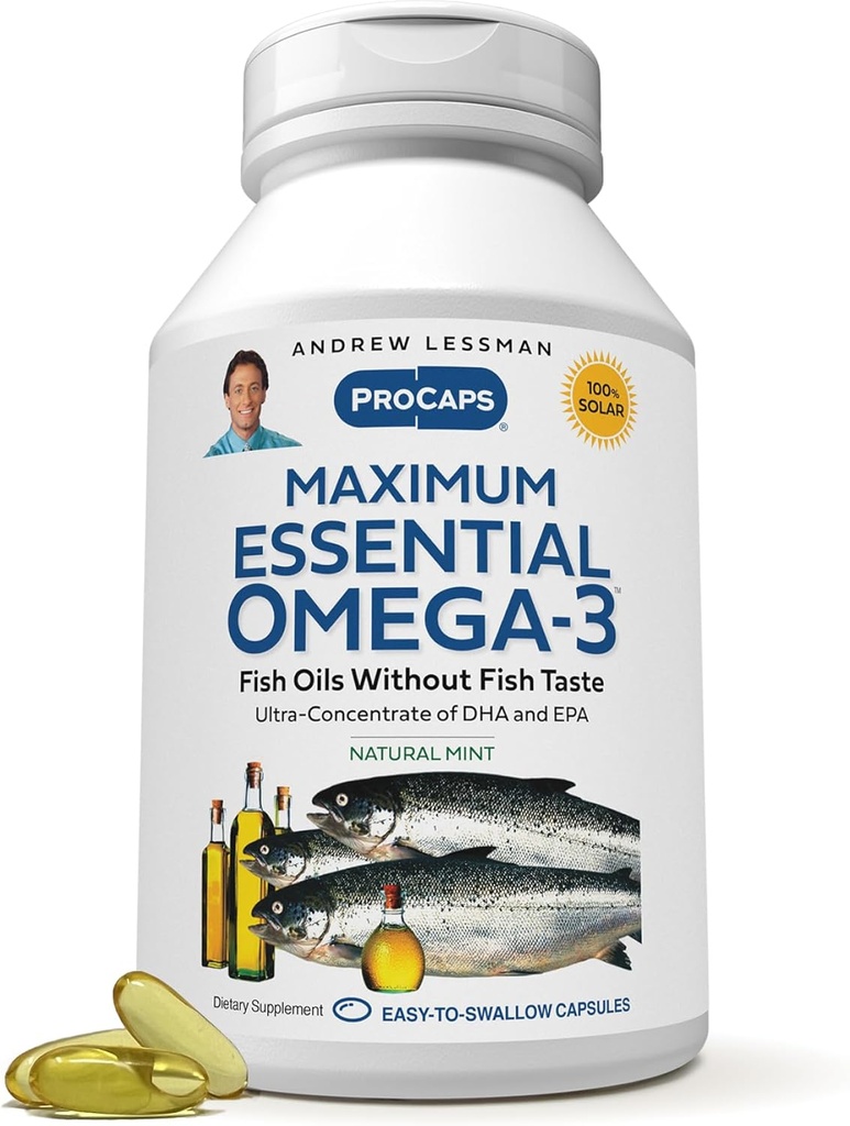 ANDREW LESSMAN Omega-3 Menta maxima esentiala - 60 Softgels - Ultra-Pure, uleiuri Omega-3 de mare potenta. High DHA, fără probleme cu stomacul, fără contaminări, fără mercur. Small Easy to Swallow Softgels