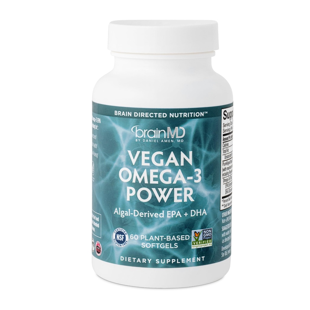 BrainMD Dr Amen Vegan Omega-3 Putere - 60 Softgeluri pe bază de plante - 1100 mg de EPA & DHA - Suporturi Focus, Memorie & Heart Health - Vegan, Gluten Free & Non-GMO - 30 Servings