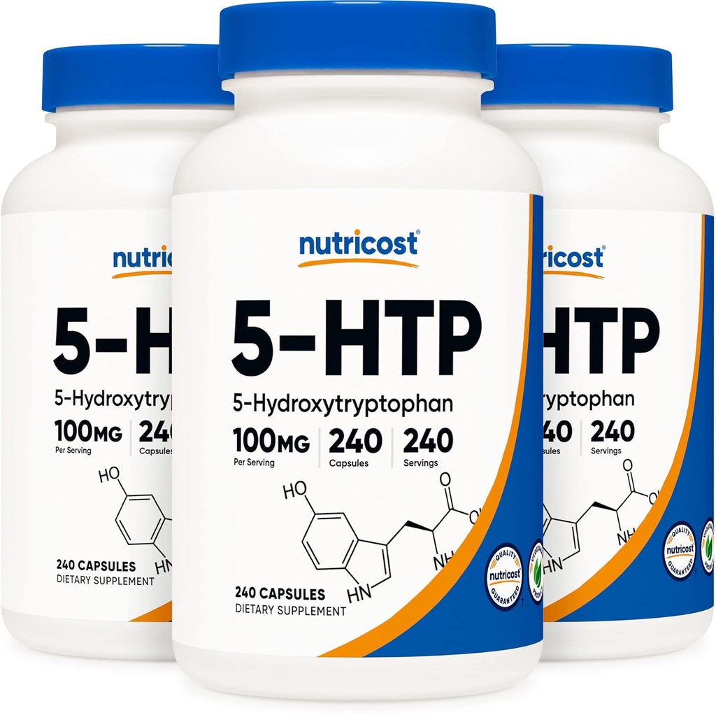 Nutricost 5-HTP 100mg, 240 capsule vegetariene (5-hidroxitriptofan) - fără GMO & gluten (3 flacoane)