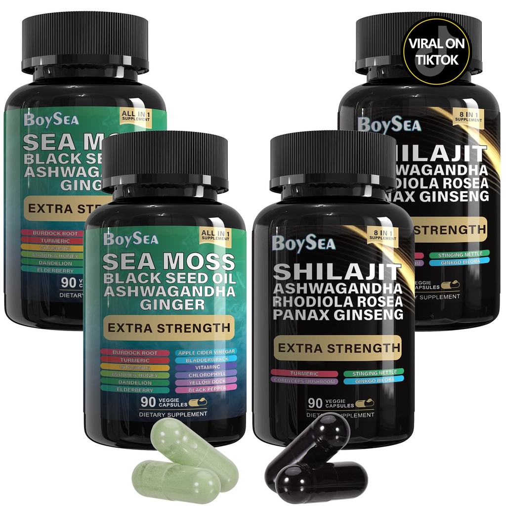 Boysea. Shilajit și Sea Moss Bundle- 90 Count - Sea Moss, Black Seed Oil, Ashwagandha, Ginger & Shilaj, Rhodiola Rosea, Toate în 1 Suplimente (2 PC)