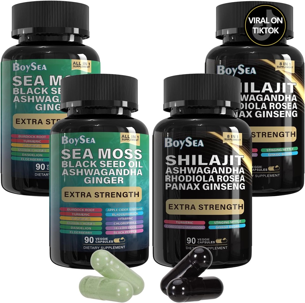 Boysea. Shilajit și Sea Moss Bundle- 90 Count - Sea Moss, Black Seed Oil, Ashwagandha, Ginger & Shilaj, Rhodiola Rosea, Toate în 1 Suplimente (2 PC)
