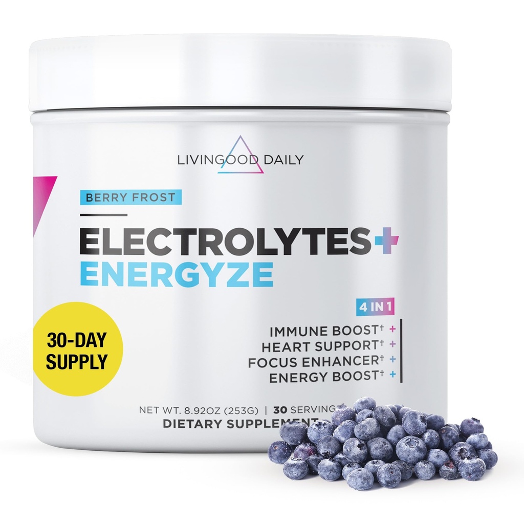 Livingood Daily Electrolytes Powder, Electrolytes Hidration Drink Mix cu vitamina C, Magneziu, Taurină & Sare de mare, Electrolit Supliment pentru Energie & Hidratare, Keto, Berry Frost Flavor, 30 Srvgs