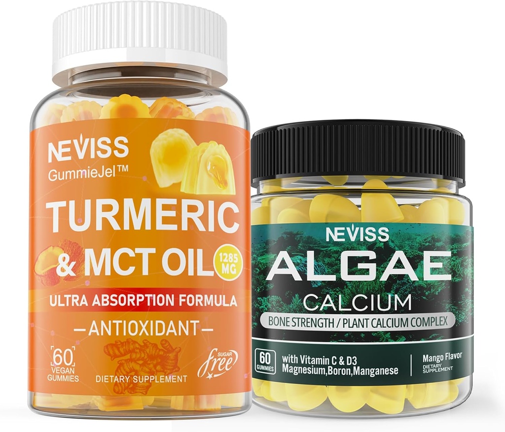 NEVASS Sugar Free Turmeric Curcumin Gumies + Marine Algae Calciu Supliment 600mg, High Absorbtion, Vegan
