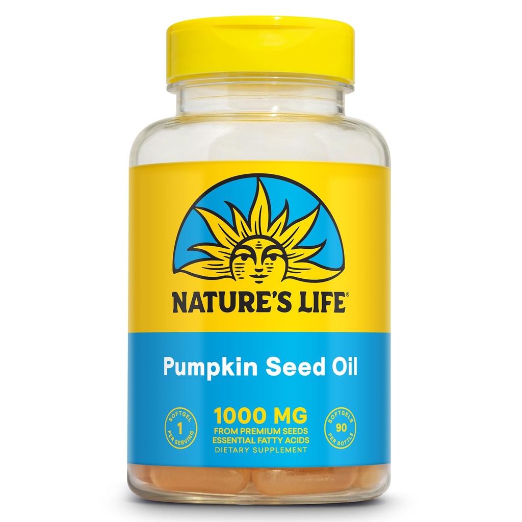 Nature's Life Pumpkin Seed Oil Supplement - Sursa de Omega 3 6 Acidi grasi esentiali si antioxidanti - Rece presat de seminte de dovleac organic - Vegan, 60-Day Guarantee, 90 Serviri, 90 Softgels