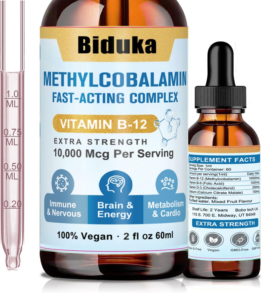 10.000mcg Vitamina B12 Drops lichide sublinguale, Formula unica cu D3, B9 (acid folic), Calciu, Suport Energy, Heart, Mood, Brain, Immune System, Vegetarian, Non-GMO & Gluten Free