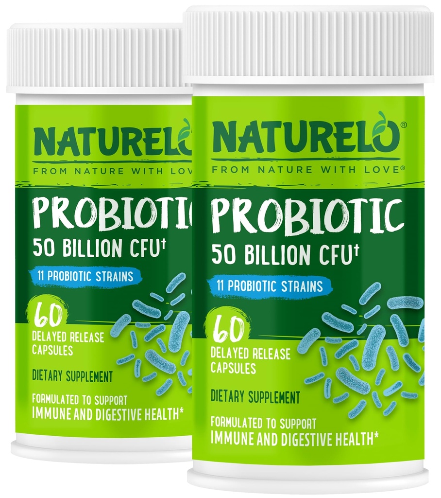 Probiotice NaturaLO pentru sanatate digestiva - 50 miliarde CFU, 11 tulpini, supliment de utilizare zilnica - Boosts Immune System, eliberare întârziata, No-Frigider, 60 capsule vegetariene (Pachet de 2)