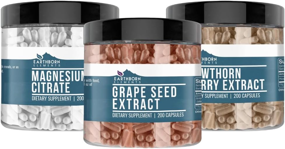 Elemente earthborn Hawthorn Berry, Semințe de struguri, Citrat de magneziu Bundle (200 capace), Pure și nediluate, fără aditivi