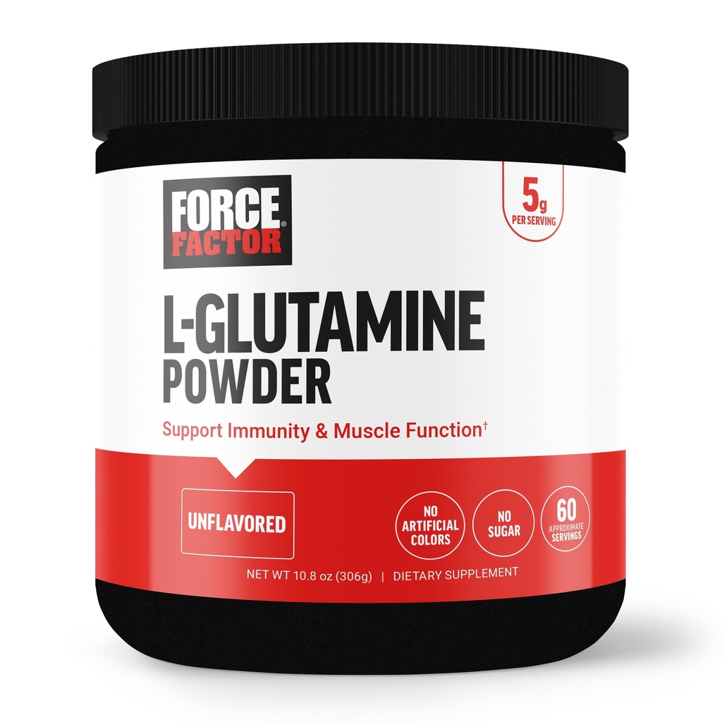 Force FACTOR L-Glutamine Powder pentru recuperare post antrenament, recuperare musculară, funcţie musculară sănătoasă, şi imunitate, 5000mg/5g Glutamină Supliment, Vegan, non-GMO, 60 Serviri