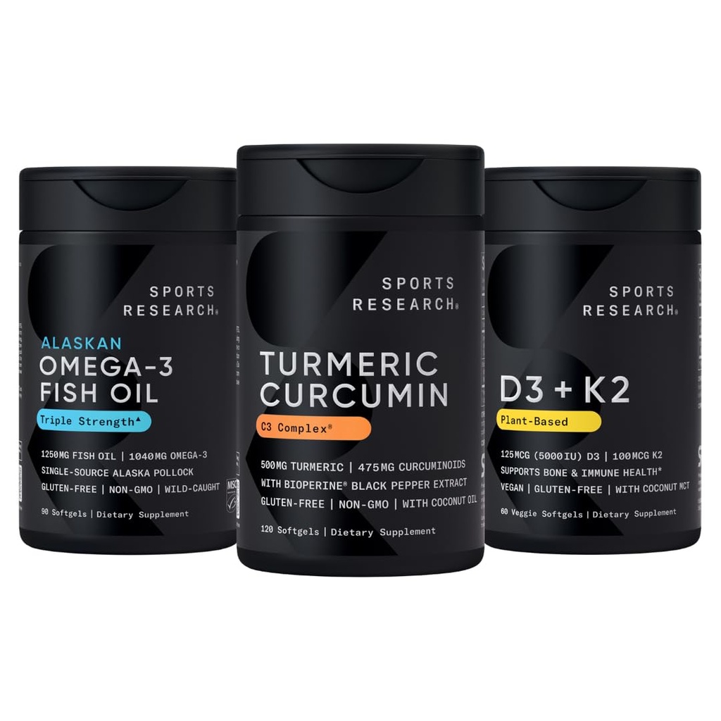 Sports Research Wild Alaskan Pollock Omega 3 Fish Oil 90 Softgels (1250 mg), Turmeric Curcumin C3 Complex (120 Softgels) și Vegan 5000 UI Vitamina D + 100mcg Mk7 Vitamina K (60 Softgels)