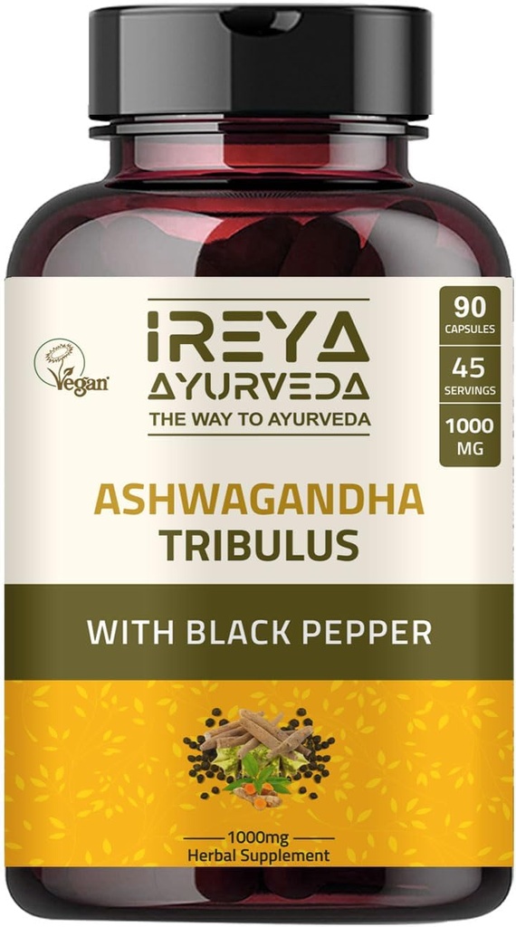 Capsule Ashwagandha Organic 1000mg (90 capsule) Made with Tribulus Terrestris, Shatavari and Black Pepper Organic Ingredients 