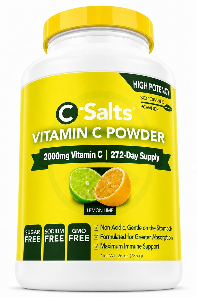 C-Salts Vitamina C supliment de pulbere - 100% pură doză mare Buffered Vitamina C pulbere pentru suport imunitar - Organic, Sugar-Free, Vegan, non-GMO, Stomac-Friendly, Lemon Lime 26oz