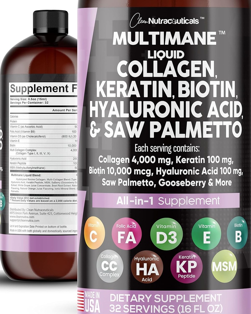 Clean Nutraceuticals Colagen 4000mg Biotin 10000mcg Keratina 100mg Saw Palmetto Acid hialuronic 100mg - Hair Skin & Nails Vitamine & DHT Blocker cu vitamina D3 MSM 50mg Made in USA - 16 Fl. Oz
