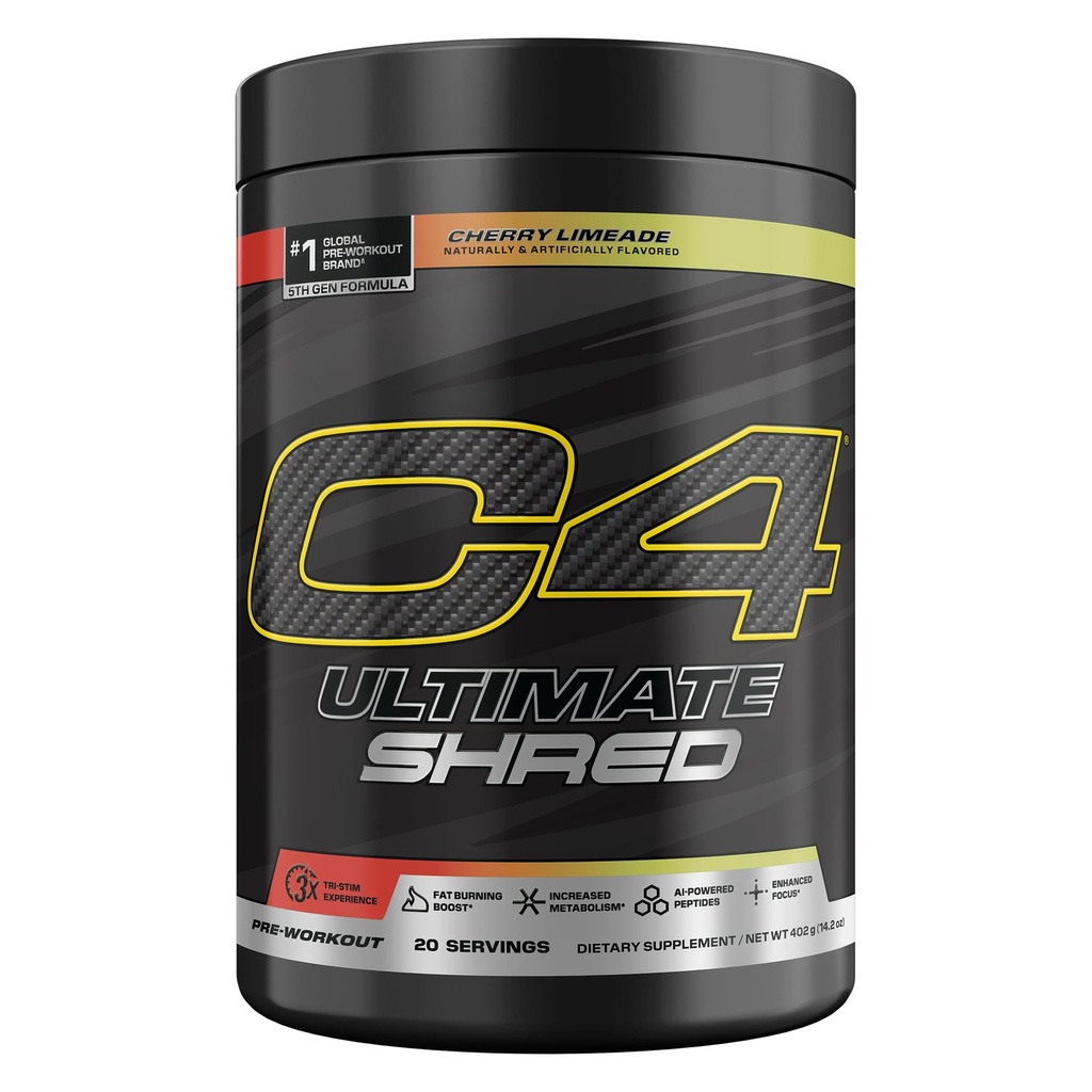 Cellucor C4 Ultimate Shred Pre Workout pulbere, supliment metabolic cu extract de Cayenne + 300mg Cafeina + TeaCrine+Dynamine - Cherry Limeade, 20 Serviri