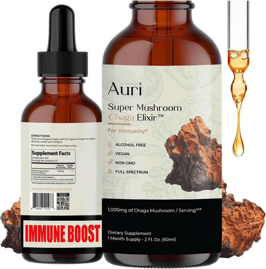 Auri Super Chaga Elixir - Superalimentar supliment lichid cu spectru complet Suport Immune de stres oxidativ și ridicare energie - Chaga Tincture 60ml