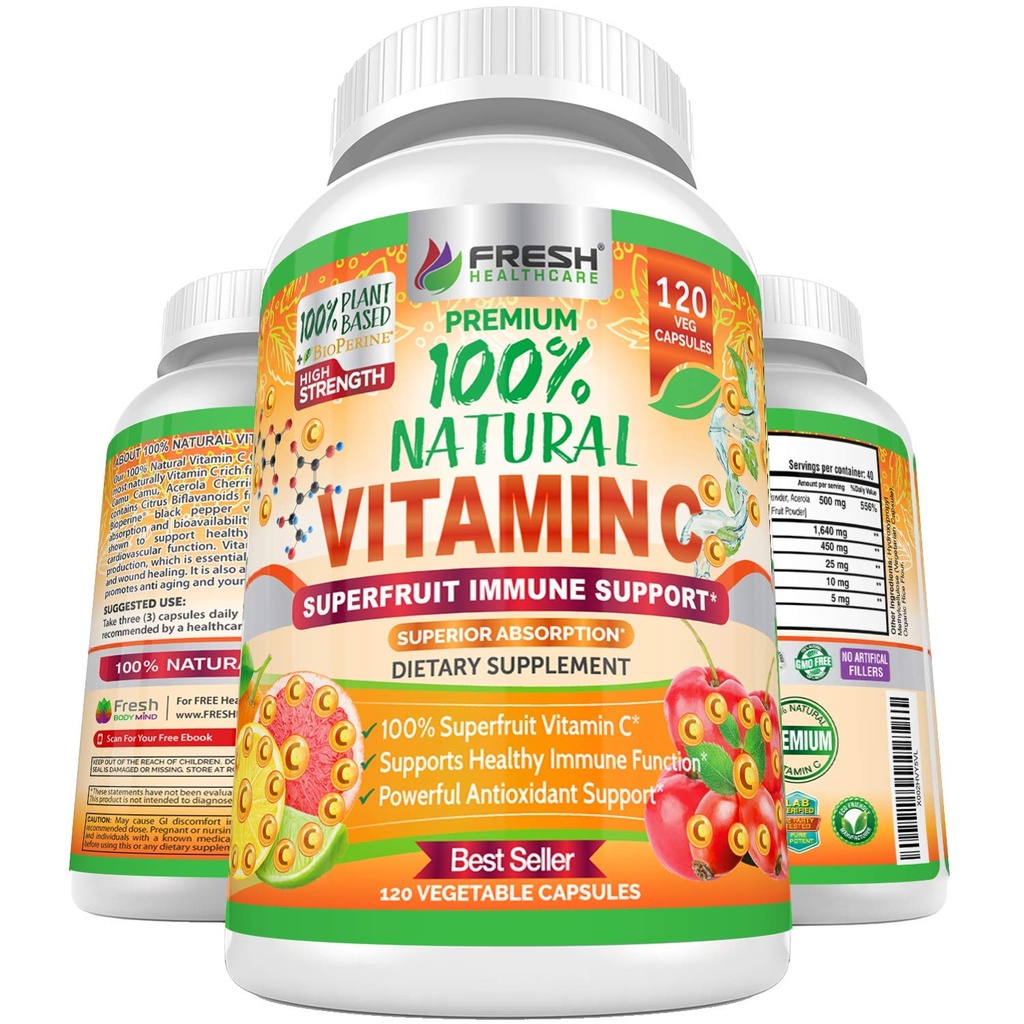 Sanatate proaspata 100% Vitamina Naturala C - 500 mg de la Rose HIPS, Acerola Cherry & Camu Camu - Suport Immune de mare absorbtie, Piele, Booster comun & Colagen cu Citrus biflavonoides - 120 capsule