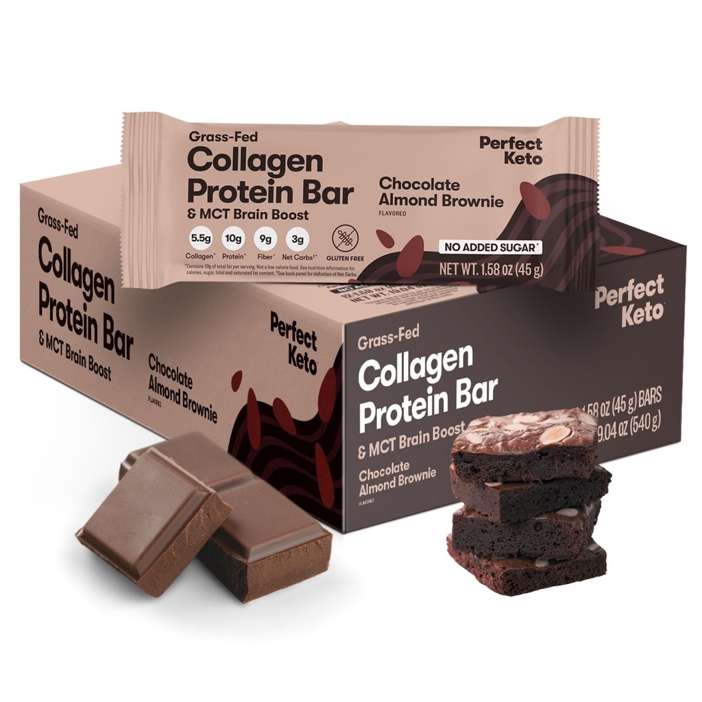 Baruri perfecte Keto - Cele mai curate Keto Snacks cu Colagen și MCT. Fără zahăr adăugat, Keto Diet Friendly - 3g carbohidrați net, 19g Fat, 10g proteine - Diet Food Desert (Almond Butter Brownie, 12 Baruri)