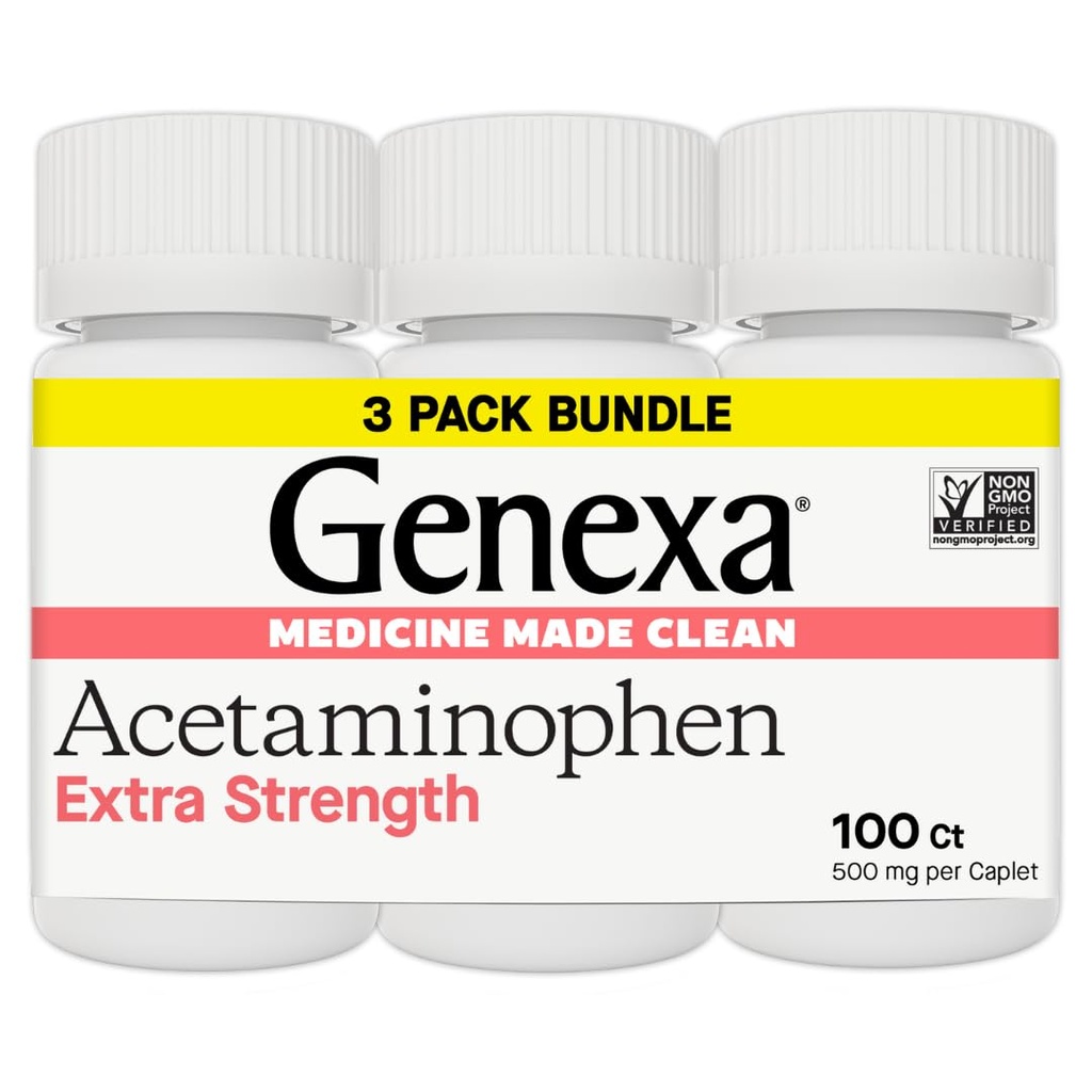Genexa Clean Acetaminofen 500mg Extra Putere, Dye gratuit durere Reliever Reducator febră, 0% Aditivi artificiali, Pain Medicine pentru adulți, Relieves Dureri de cap, Backage, Minor Artrite Pain, 300 comprimate