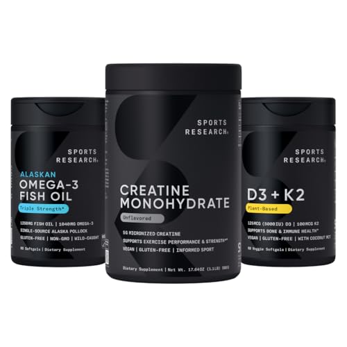 Sport de cercetare Triple Putere Omega 3 Ulei de pește - Burpless Fish Oil Supplement w/EPA & DHA Acidi grasi, Creatina Monohidrat și plante pe bază de vitamina D3 K2 cu ulei de cocos