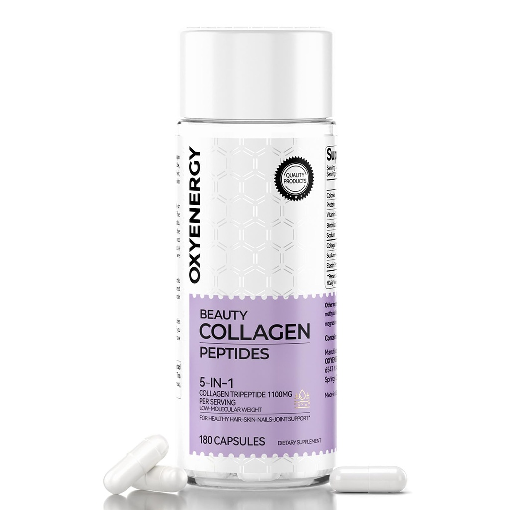 OxyEnergy Colagen Peptides Capsule pentru femei, 1100mg Hidrolizate Colagen Tripeptide (tipuri I) Suplimente cu Biotin și vitamina C, 180 Colagen pastile pentru a promova parul, unghie, piele, 2 luni de aprovizionare