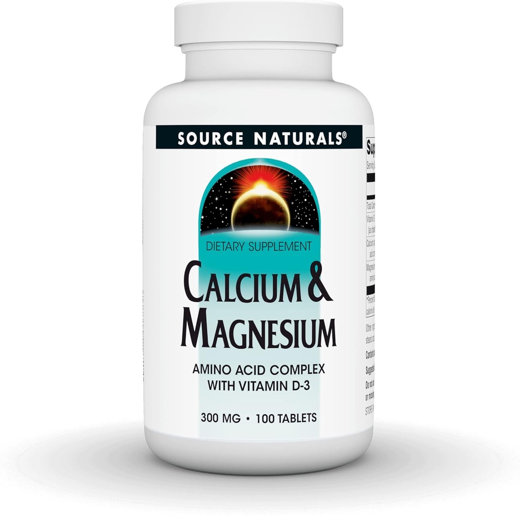 Sursa Naturals Calciu & Magneziu, Aminoacid Chelat cu vitamina D-3, 300 MG - 100 comprimate