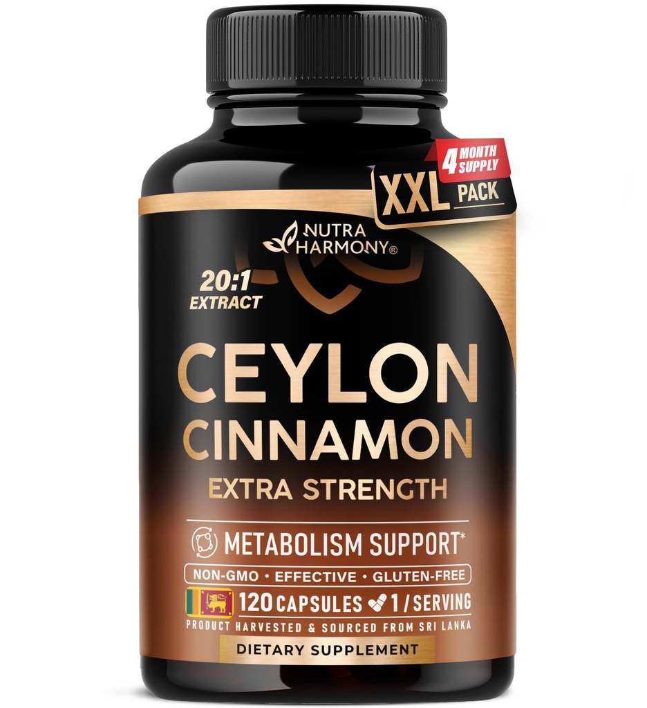 Capsule cu scorțișoară Ceylon - Putere suplimentară - Energie, suport cardiac și metabolic - pentru bărbați și femei - Extract natural pur 20:1 Supliment - Produs în Statele Unite ale Americii - fără OMG-uri și gluten, 120 capsule, 4 luni de aprovizionare