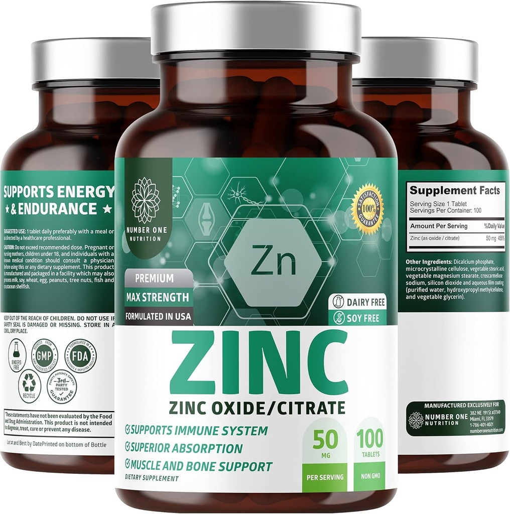 N1N Premium Zinc 50mg [3X Absorbție, Vegan] Toate oxid natural de zinc și Citrat Supliment pentru suport imunitar, Sănătatea pielii și Digestia mai bună, 100 comprimate