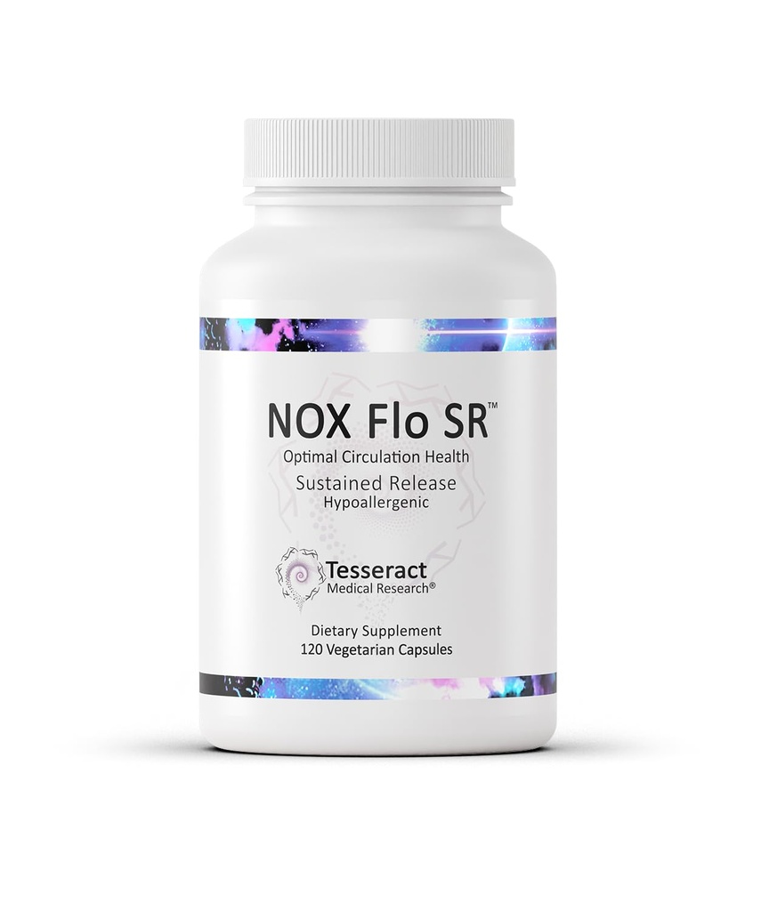 Tesseract NOX Flo SR Oxid de azot, Supliment vascular de sănătate, 120 capsule, Susţinut-Release L Citrulină, Coenzime Q10 & Acid lipoic, Circuulaţie şi suport de tensiune arterială, Hipoalergic
