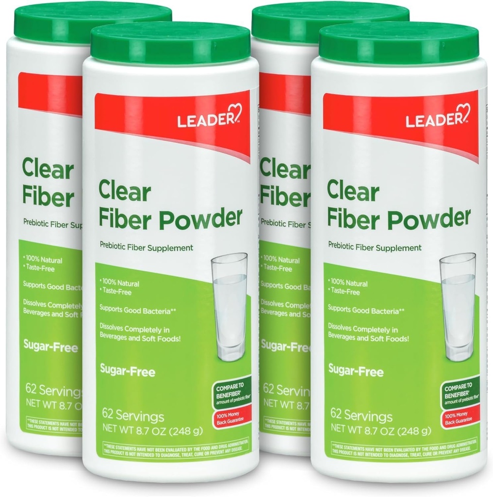 Leader Prebiotic Fiber Supplement Powder for Digestive Health, 100% Natural Daily Fiber Powder, Sugar-Free, Gust-Free, Gluten Free, Non-GMO, Unflavored, 62 Servings (8.7 OZ) (Pachet de 4)