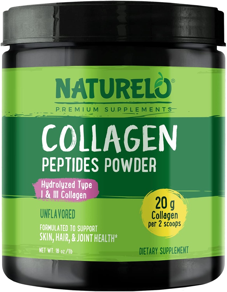 NATURO Colagen Peptide Powder, Hidrolyzed Colagen Tip I & III, Skin Hair & Joint Health - Neflavorat, 16 Onces 