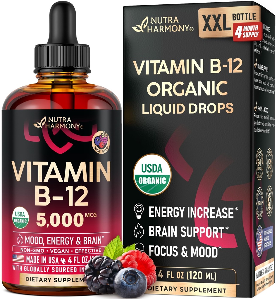 USDA Organic Vitamina B12 picături sublinguale - 5000 mcg lichid Vegan metilcobalamină pentru femei și bărbați - energie Boost, Focus & Mood, Brain Health Support - Maximizarea absorbției - 4 lună de aprovizionare, 4 fl oz