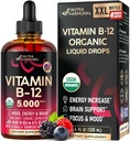 USDA Organic Vitamina B12 picături sublinguale - 5000 mcg lichid Vegan metilcobalamină pentru femei și bărbați - energie Boost, Focus & Mood, Brain Health Support - Maximizarea absorbției - 4 lună de aprovizionare, 4 fl oz