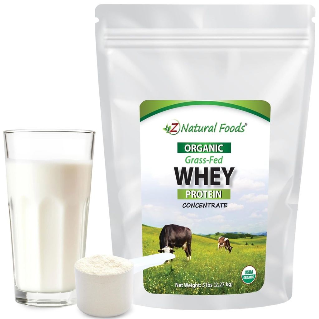 Z Natural Foods Organic Whey Proteine concentrat - Nutrient-Dense Grass Pudră de proteine Fed Whey - Proteină pură procesată la rece cu aminoacizi esențiali pentru nutriție și fitness, nearomatizate, 5 lbs