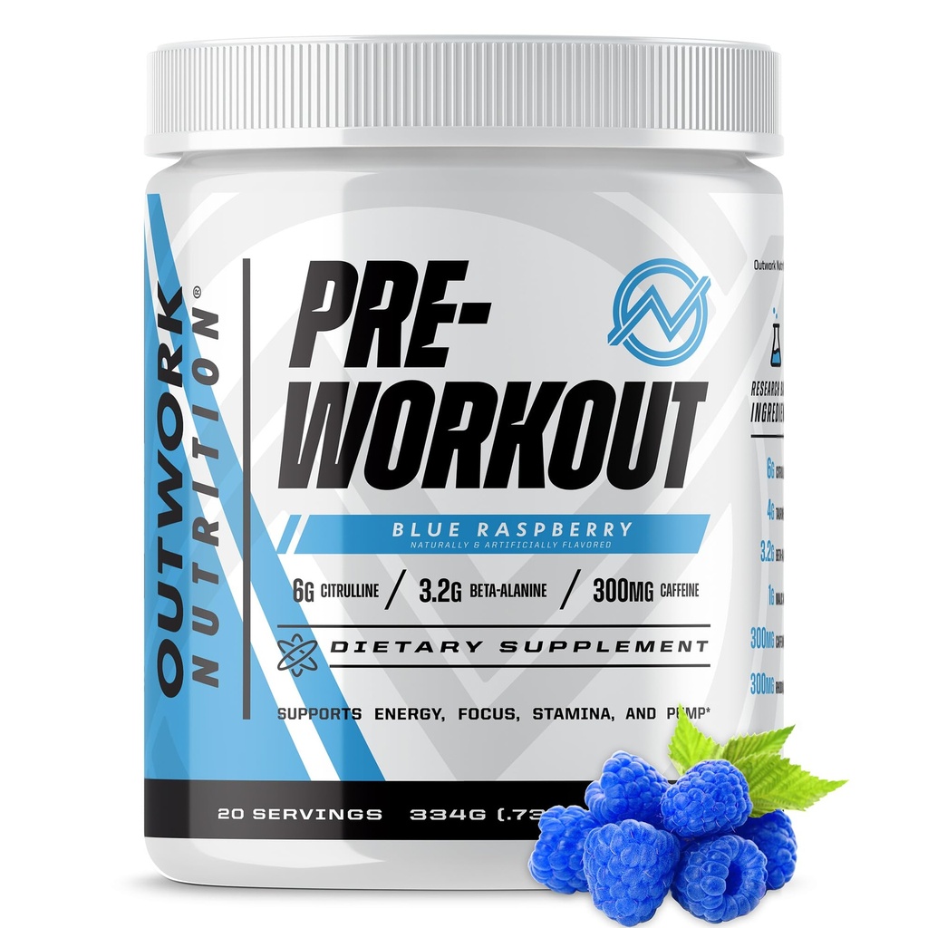 Nutriție în afară de lucru Preworkout pentru bărbați și femei - Nootropic Pre Workout fără Creatină, Pre-Workout pulbere cu Taurina Rhodiola Citruline Malate Beta Alanine Cafeina (Blue Raspberry)