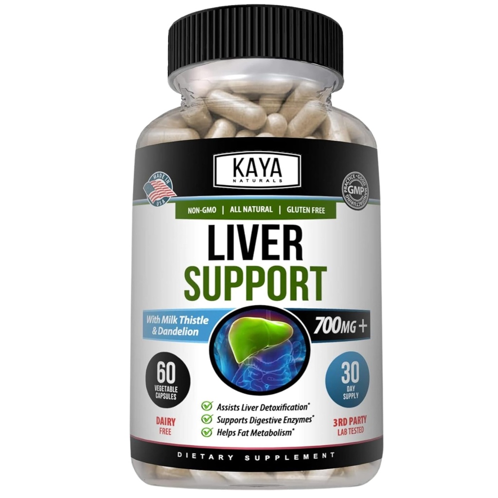 Kaya Naturals Ficat Cleanse Detoxifiere & Reparații - Milk Thistle Supliment - Detoxifiere hepatică pentru femei și bărbați - Extract de Anghinare și capsule de rădăcină Dandelion - 60 Conte