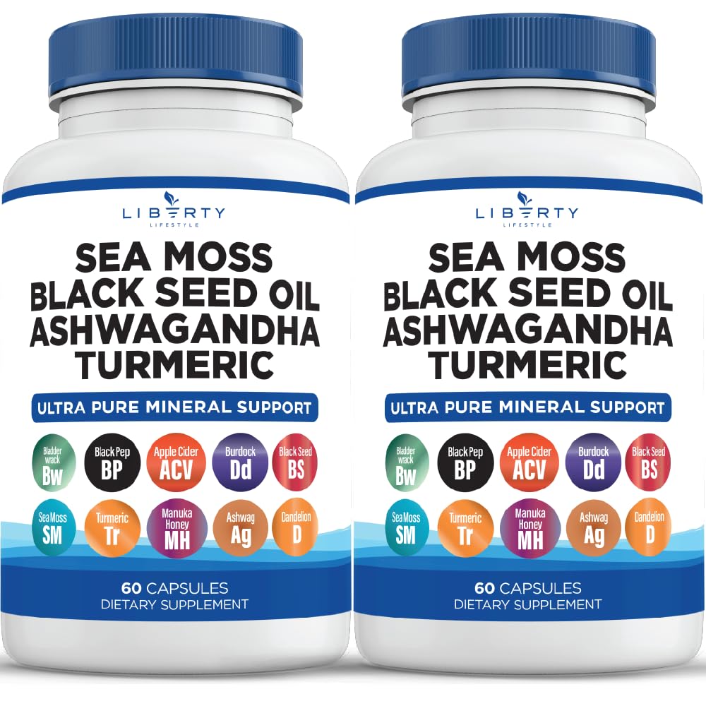 Sea Moss Black Seed Oil Ashwagandha Turmeric Bladderwrack Braddock - cu Manuka, Honey Dandelion, ACV Black Pepper Gluten gratuit - 2 Pack