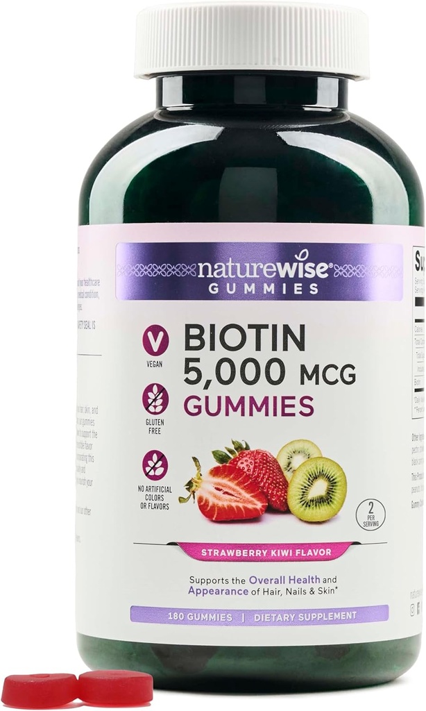 NatureWise Biotin Gummies - Sprijină păr sănătos, piele și unghii puternice - Vitamina B7 5000mcg - Frumusețe naturală - Căpșuni-Kiwi Flavor - Vegan, Non-GMO, Gluten gratuit - 180 Conte[90 zi de aprovizionare]