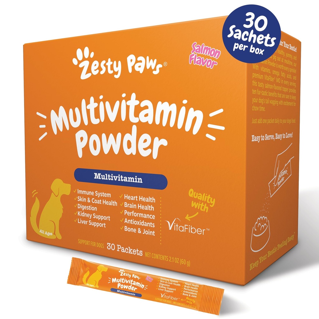 Zesty Paws 10-in-1 caine Multivitamine - Gut, Imun, Joint, Skin & Coat Support, și mai mult - Vitamine și suplimente de câine - Suplimente pentru animale de companie cu ulei de pește Omega și VitaFiber - Salmon - 30 Ct